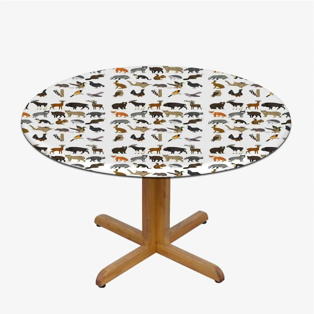 Brown White Elastic Fitted Round Tablecloths Cartoon Multi Animals Nature with Elastic Edge Polyester Waterproof Spill Proof Table Cover Fit for 36"-39" Diameter Table Animal