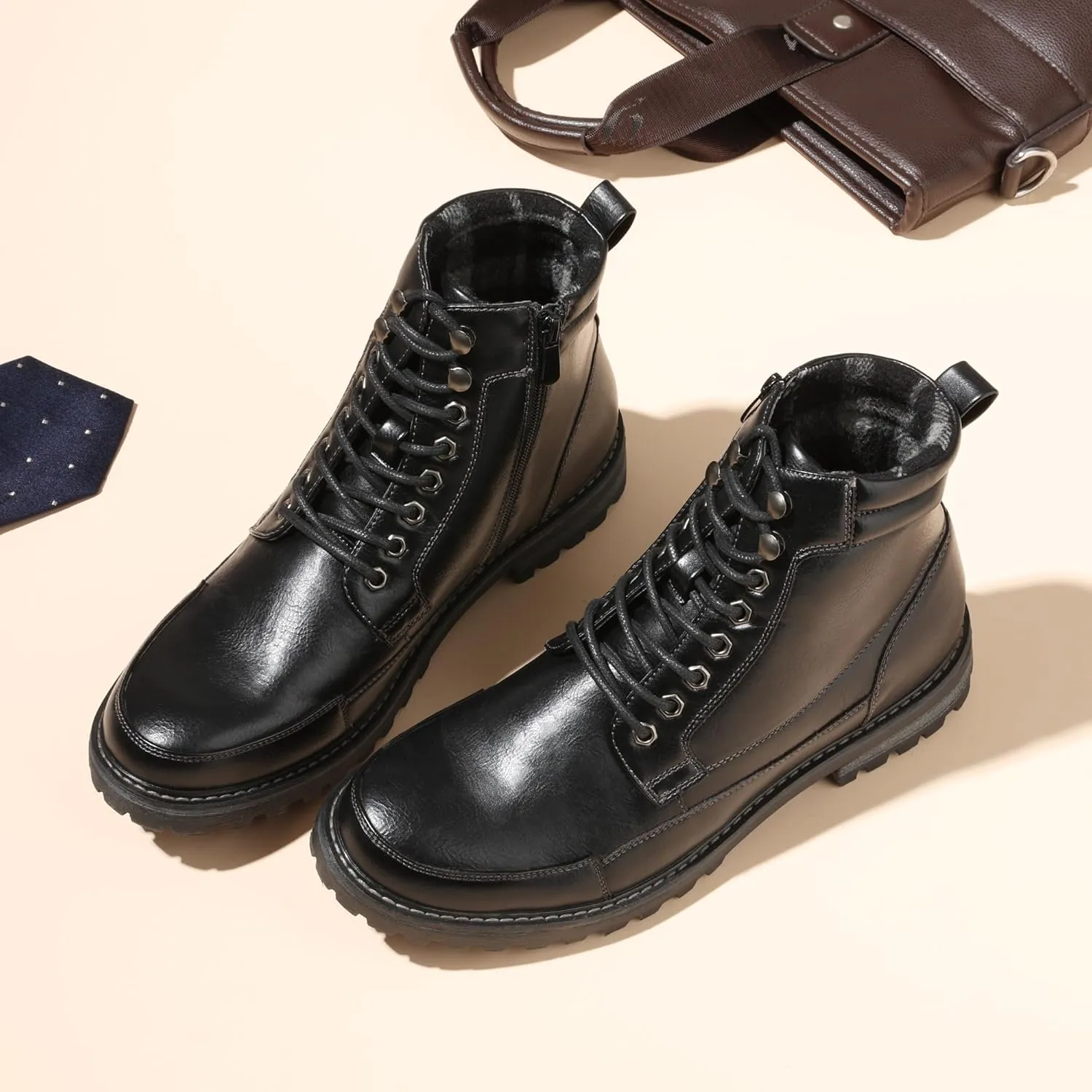Bruno Marc Men's Motorcycle Combat Oxford Boot Fur Lining Warm Zipper Boots