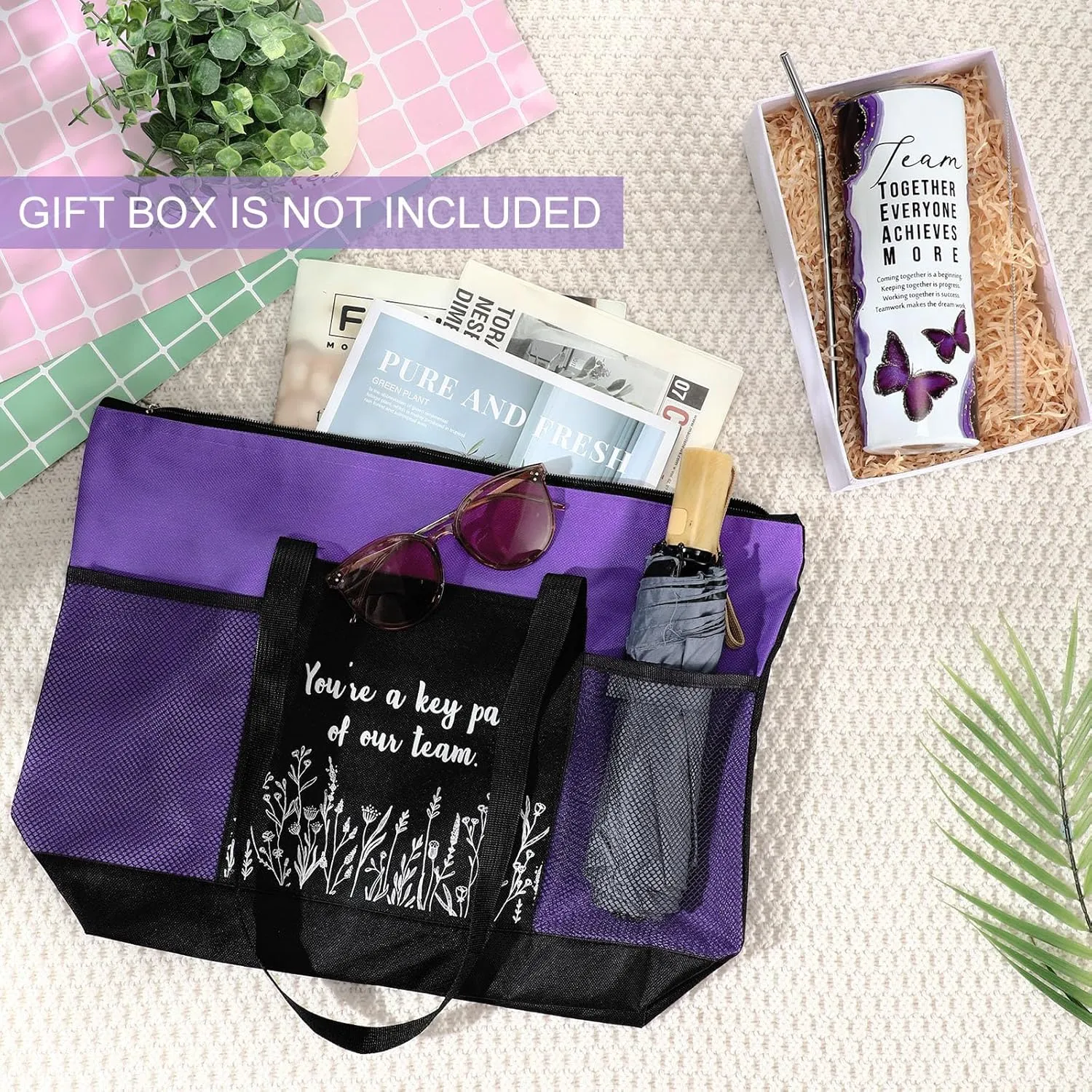 Buryeah 2 Pcs Employee Appreciation Week Gift for Team Staff 20 oz Marble Tumbler with Lid Large Tote Bag with Mesh Pockets Administrative Office Business Gift for Assistant Volunteer(Dark Purple)