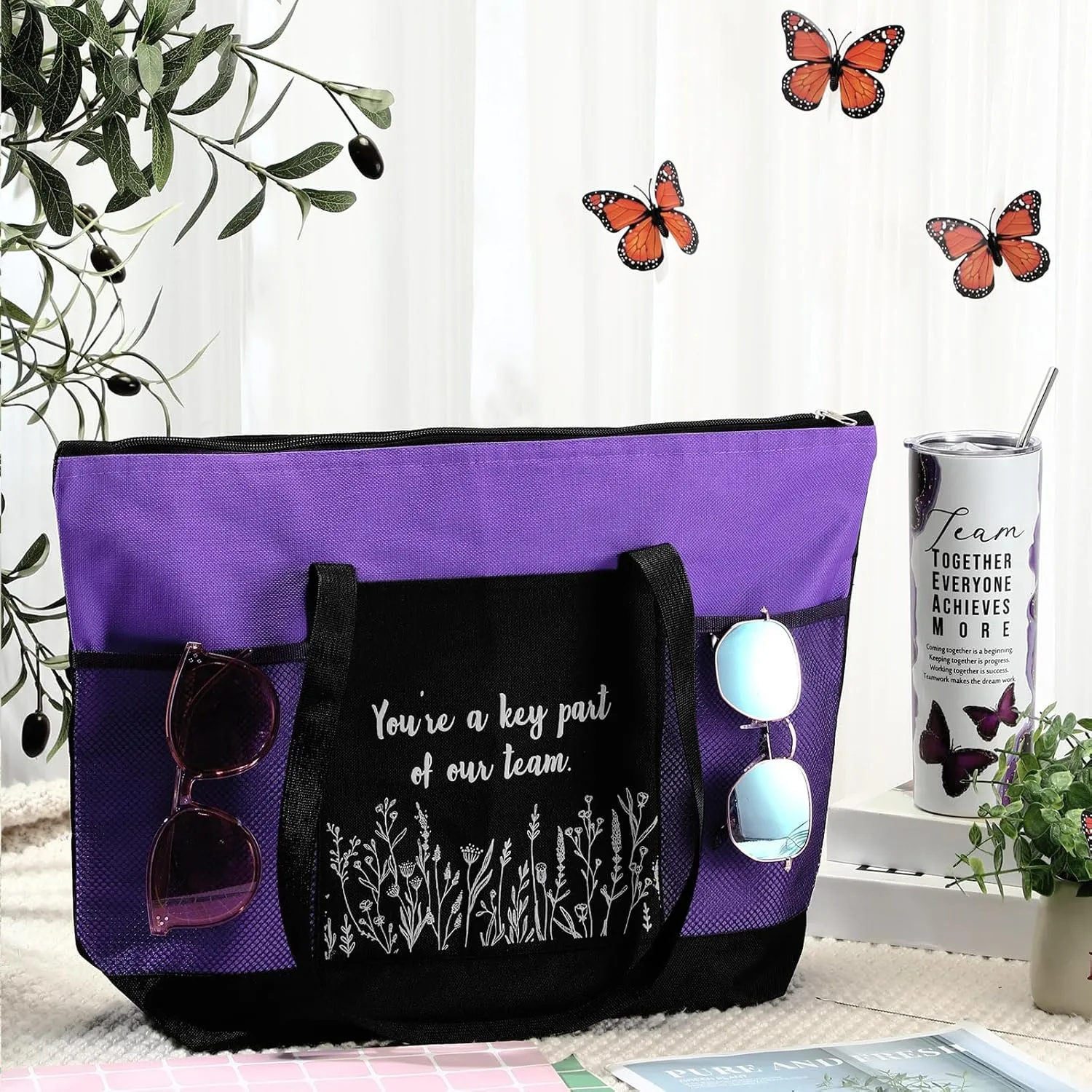 Buryeah 2 Pcs Employee Appreciation Week Gift for Team Staff 20 oz Marble Tumbler with Lid Large Tote Bag with Mesh Pockets Administrative Office Business Gift for Assistant Volunteer(Dark Purple)