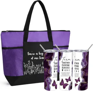Buryeah 2 Pcs Employee Appreciation Week Gift for Team Staff 20 oz Marble Tumbler with Lid Large Tote Bag with Mesh Pockets Administrative Office Business Gift for Assistant Volunteer(Dark Purple)