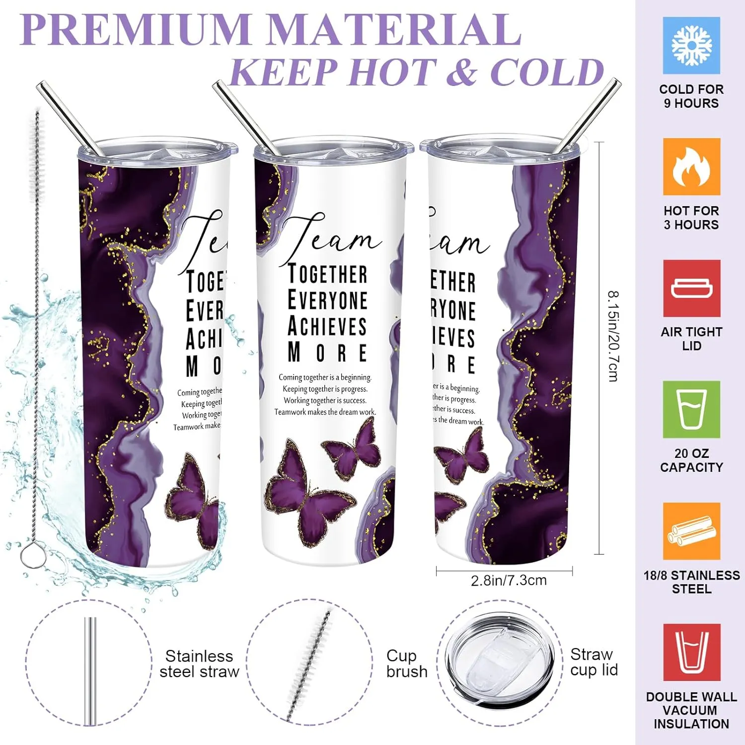 Buryeah 2 Pcs Employee Appreciation Week Gift for Team Staff 20 oz Marble Tumbler with Lid Large Tote Bag with Mesh Pockets Administrative Office Business Gift for Assistant Volunteer(Dark Purple)