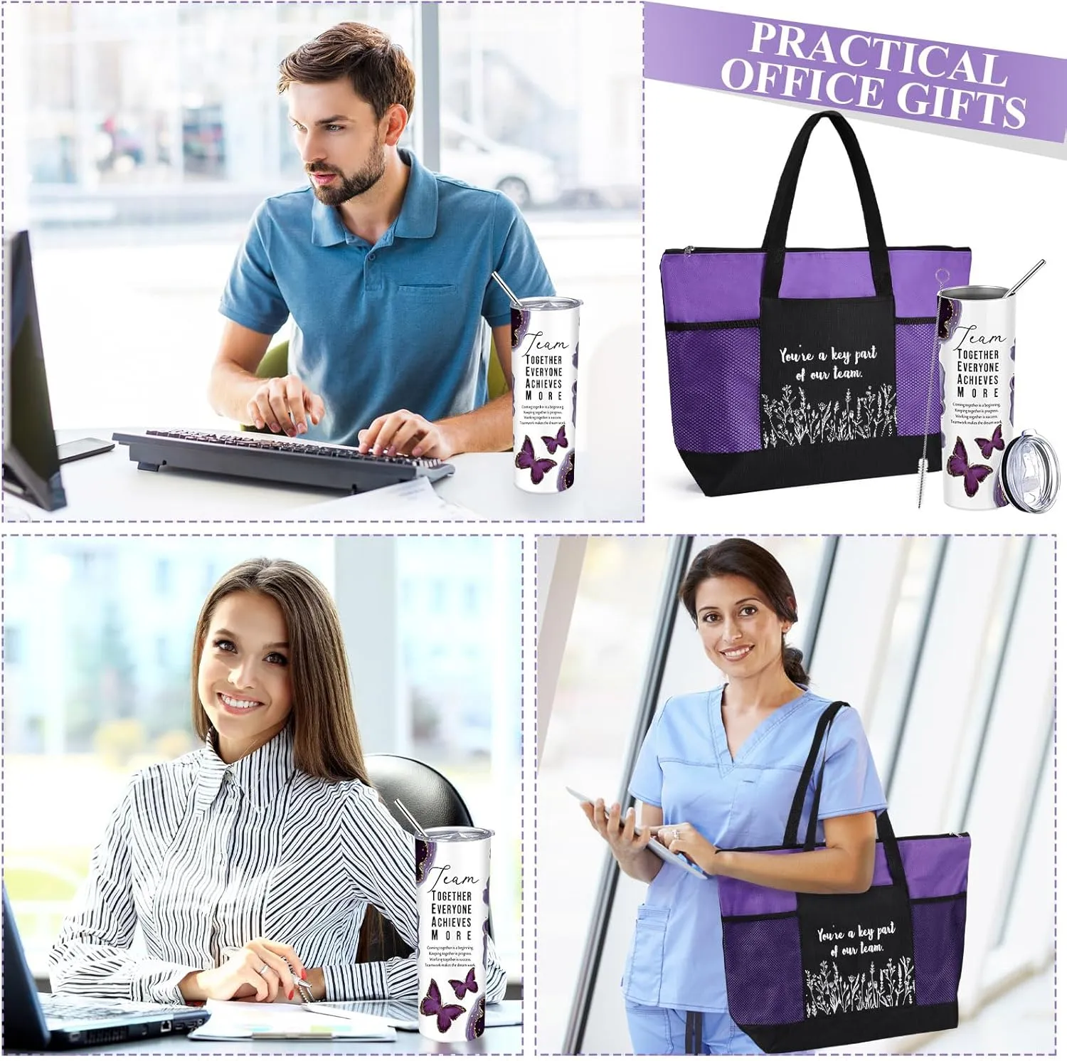 Buryeah 2 Pcs Employee Appreciation Week Gift for Team Staff 20 oz Marble Tumbler with Lid Large Tote Bag with Mesh Pockets Administrative Office Business Gift for Assistant Volunteer(Dark Purple)
