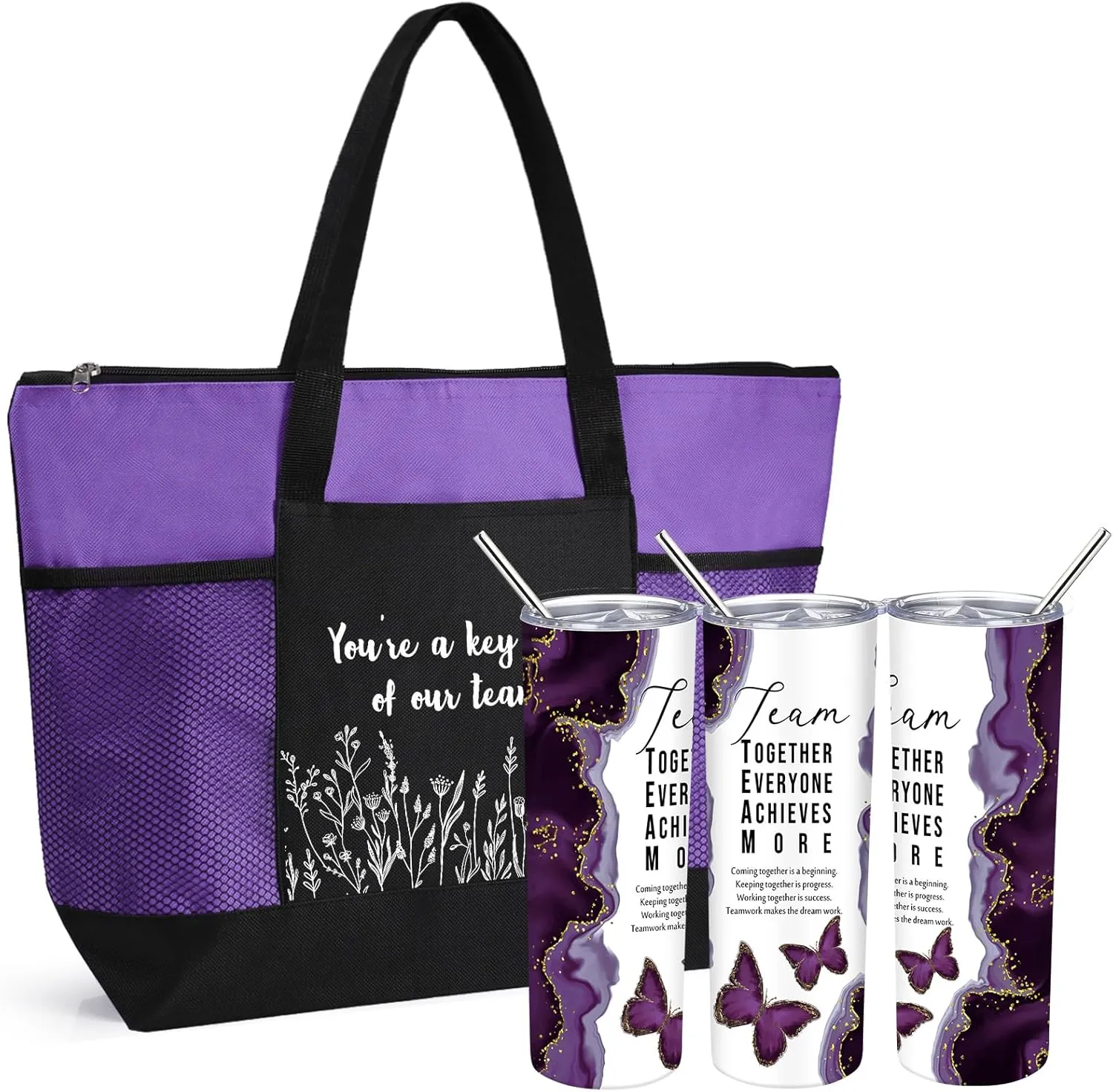 Buryeah 2 Pcs Employee Appreciation Week Gift for Team Staff 20 oz Marble Tumbler with Lid Large Tote Bag with Mesh Pockets Administrative Office Business Gift for Assistant Volunteer(Dark Purple)