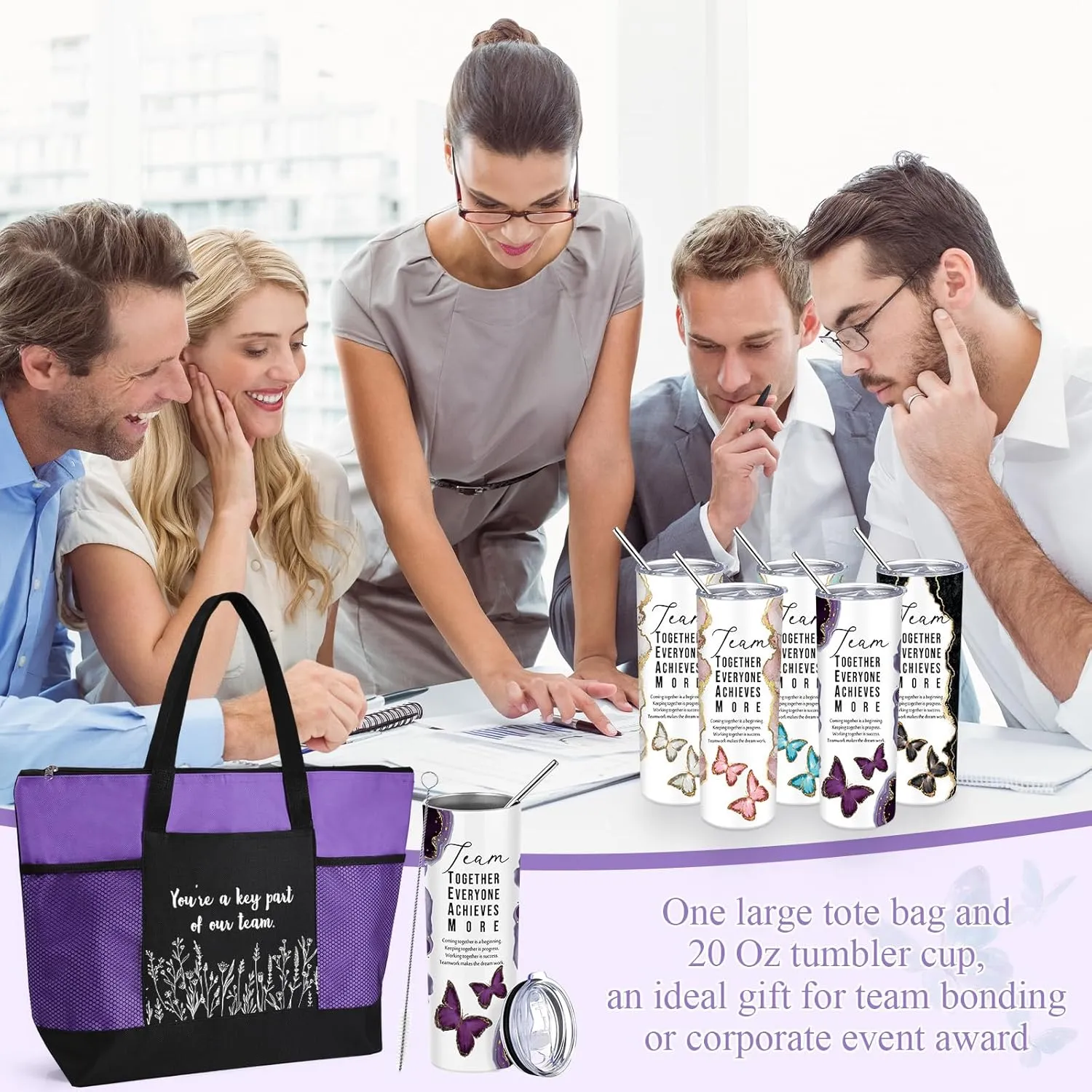 Buryeah 2 Pcs Employee Appreciation Week Gift for Team Staff 20 oz Marble Tumbler with Lid Large Tote Bag with Mesh Pockets Administrative Office Business Gift for Assistant Volunteer(Dark Purple)