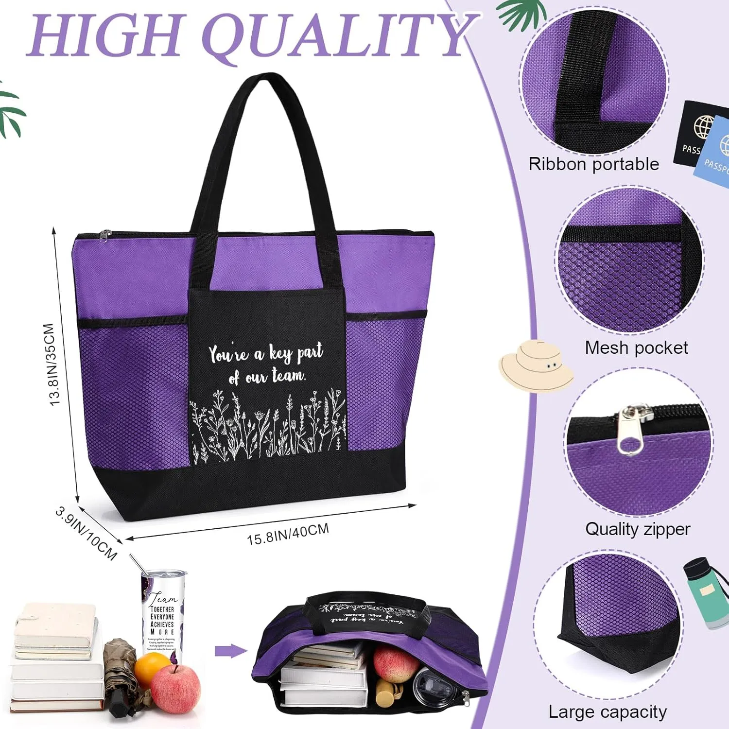 Buryeah 2 Pcs Employee Appreciation Week Gift for Team Staff 20 oz Marble Tumbler with Lid Large Tote Bag with Mesh Pockets Administrative Office Business Gift for Assistant Volunteer(Dark Purple)
