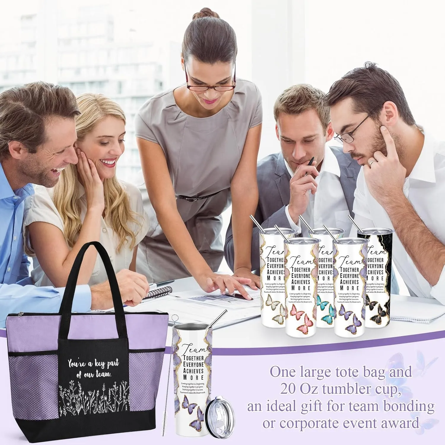 Buryeah 2 Pcs Employee Appreciation Week Gift for Team Staff 20 oz Marble Tumbler with Lid Large Tote Bag with Mesh Pockets Administrative Office Business Gift for Assistant Volunteer(Light Purple)