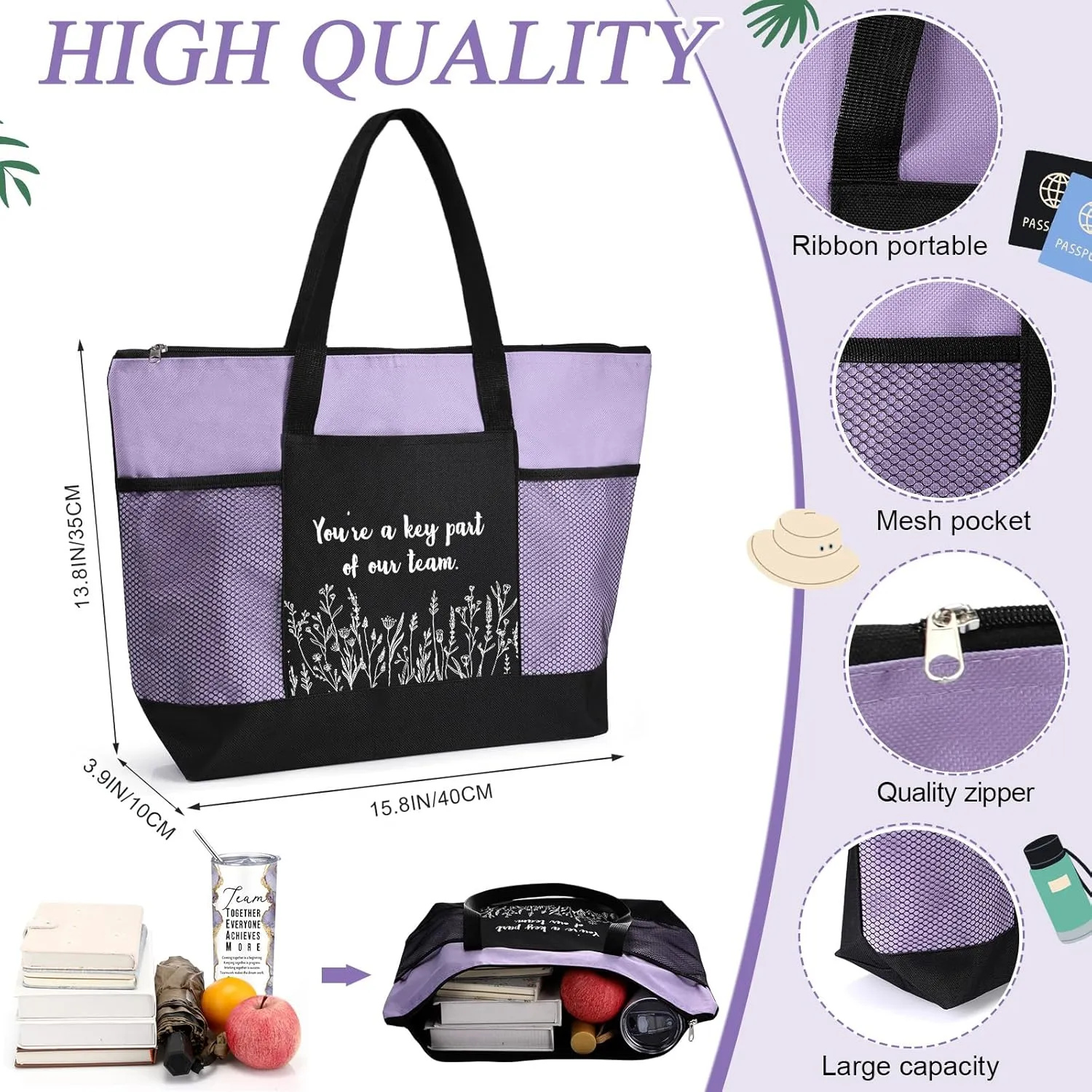 Buryeah 2 Pcs Employee Appreciation Week Gift for Team Staff 20 oz Marble Tumbler with Lid Large Tote Bag with Mesh Pockets Administrative Office Business Gift for Assistant Volunteer(Light Purple)