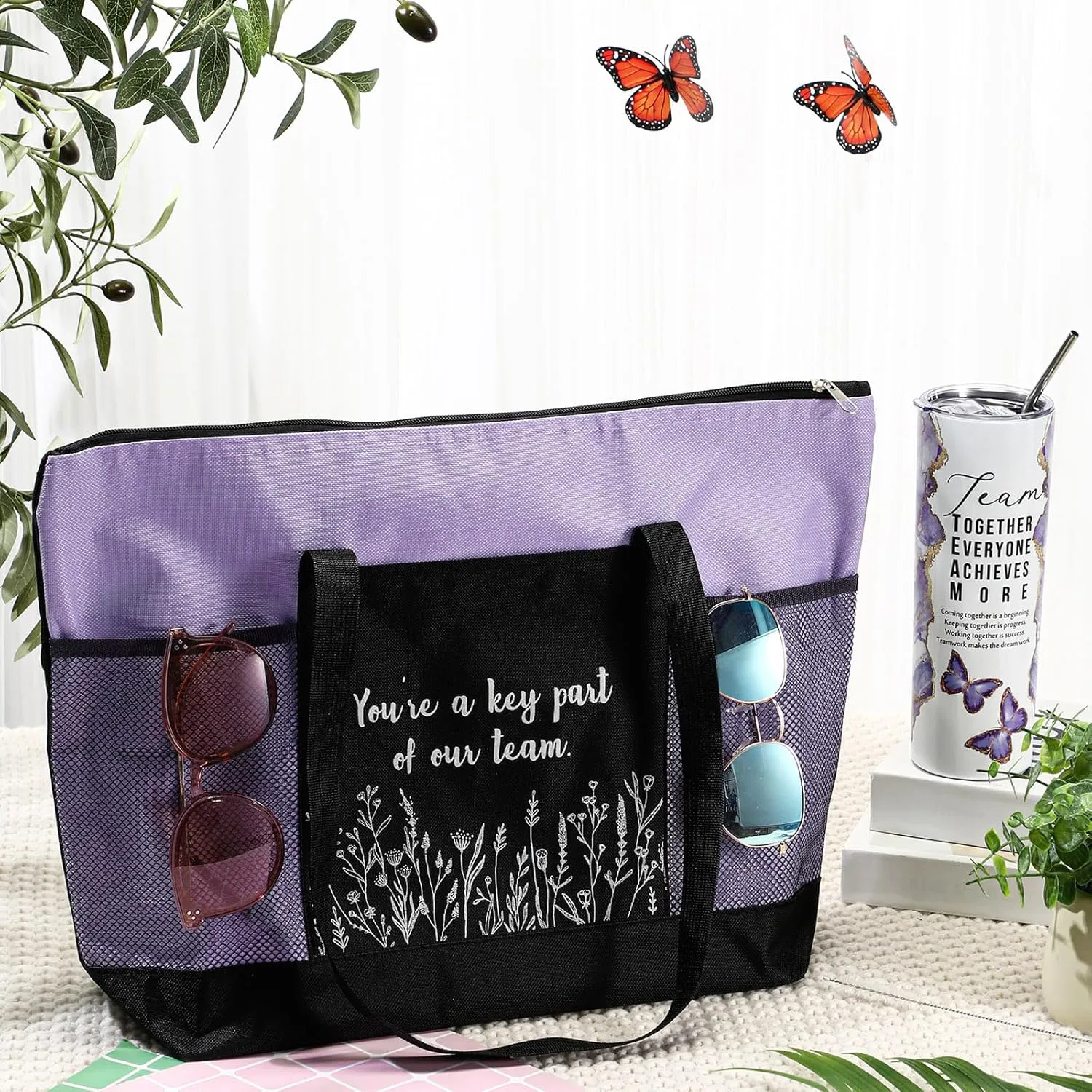 Buryeah 2 Pcs Employee Appreciation Week Gift for Team Staff 20 oz Marble Tumbler with Lid Large Tote Bag with Mesh Pockets Administrative Office Business Gift for Assistant Volunteer(Light Purple)