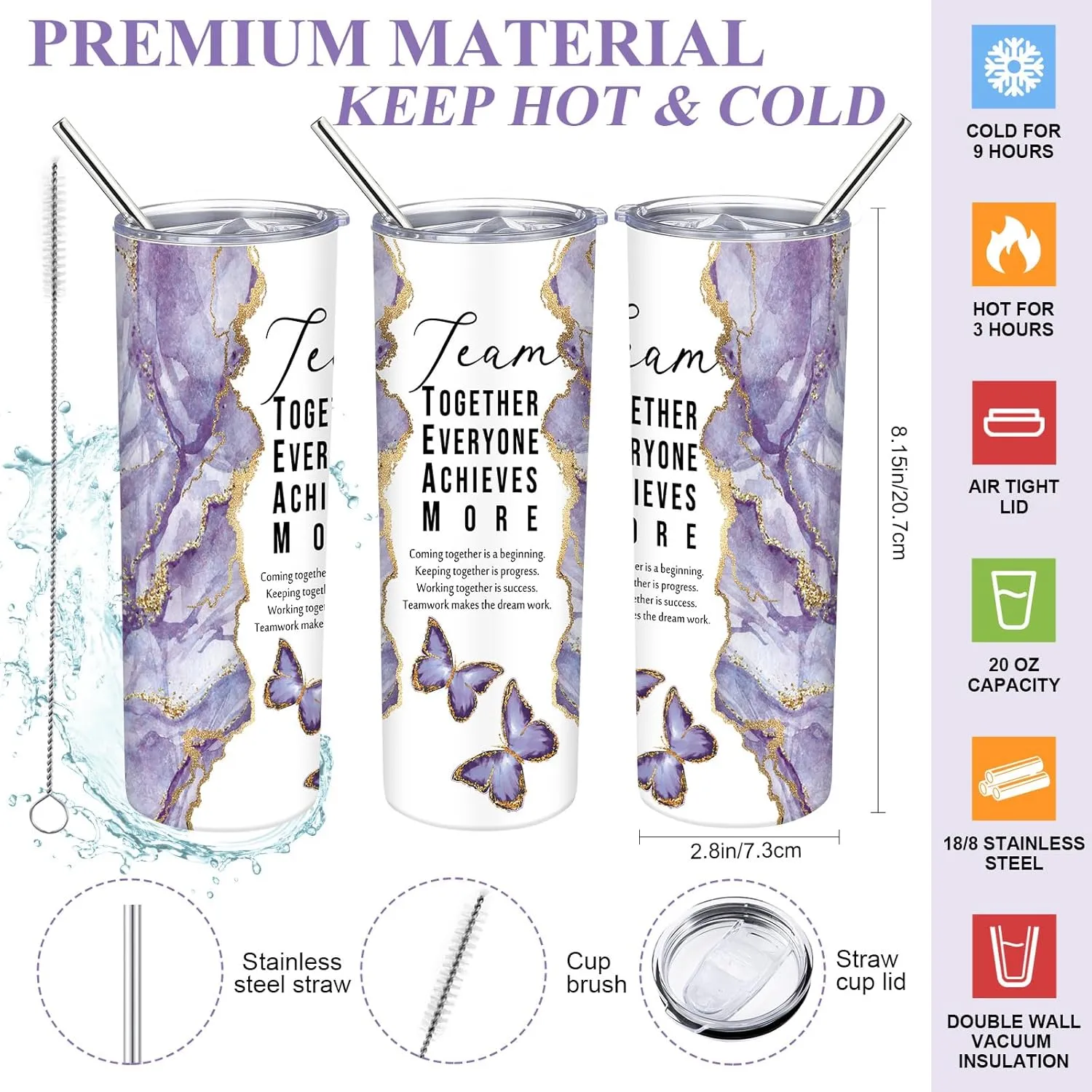Buryeah 2 Pcs Employee Appreciation Week Gift for Team Staff 20 oz Marble Tumbler with Lid Large Tote Bag with Mesh Pockets Administrative Office Business Gift for Assistant Volunteer(Light Purple)