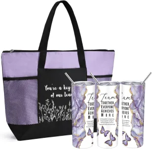 Buryeah 2 Pcs Employee Appreciation Week Gift for Team Staff 20 oz Marble Tumbler with Lid Large Tote Bag with Mesh Pockets Administrative Office Business Gift for Assistant Volunteer(Light Purple)