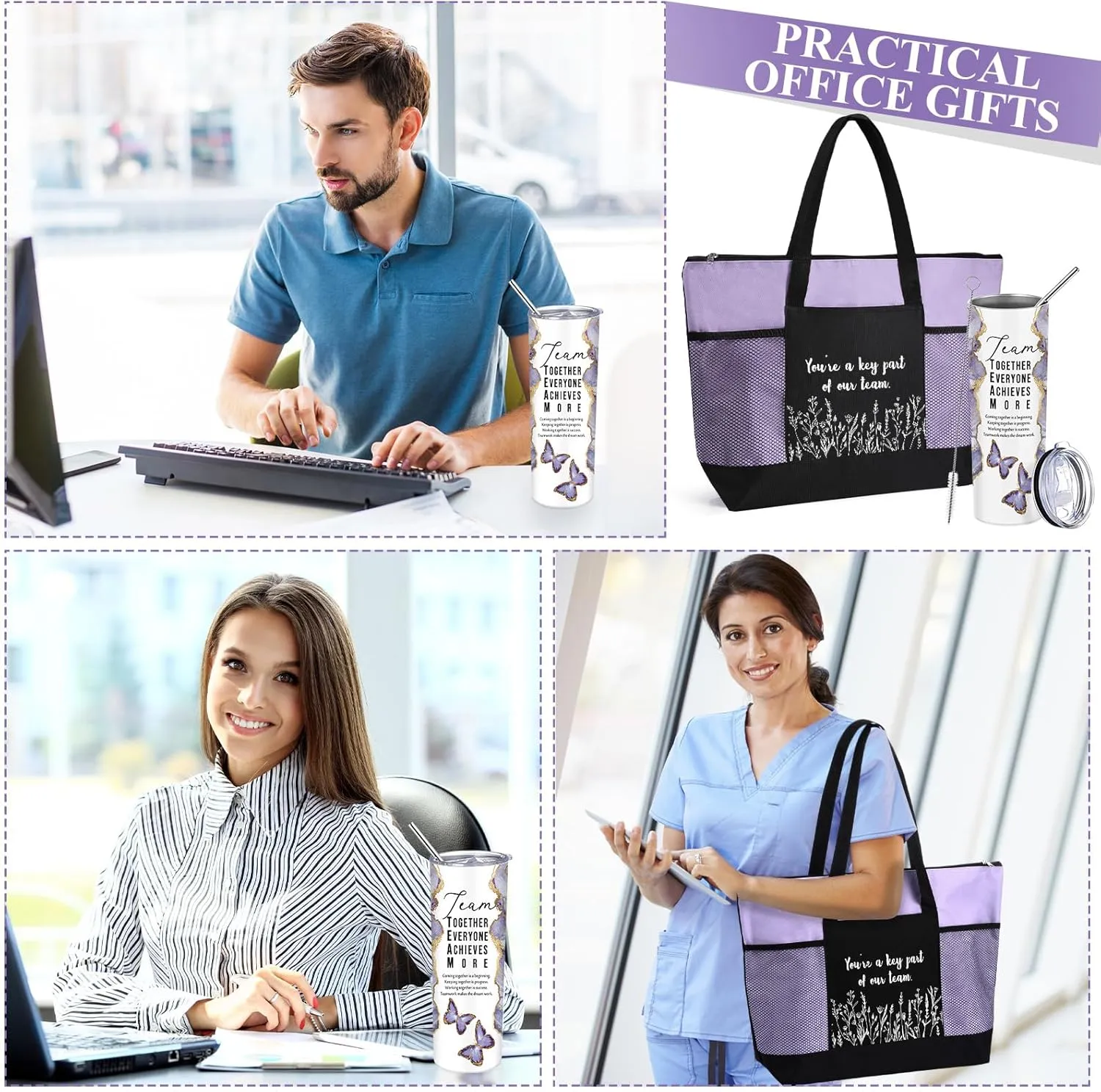 Buryeah 2 Pcs Employee Appreciation Week Gift for Team Staff 20 oz Marble Tumbler with Lid Large Tote Bag with Mesh Pockets Administrative Office Business Gift for Assistant Volunteer(Light Purple)