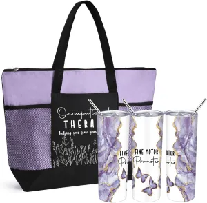Buryeah 2 Pcs The Occupational Therapy Gift Fine Motor Promoter 20 oz Marble Sign Tumbler with Lid Large Tote Bag with Mesh Pockets OT Month Thank You Gift for Mental Healthy Psychology(Pink)