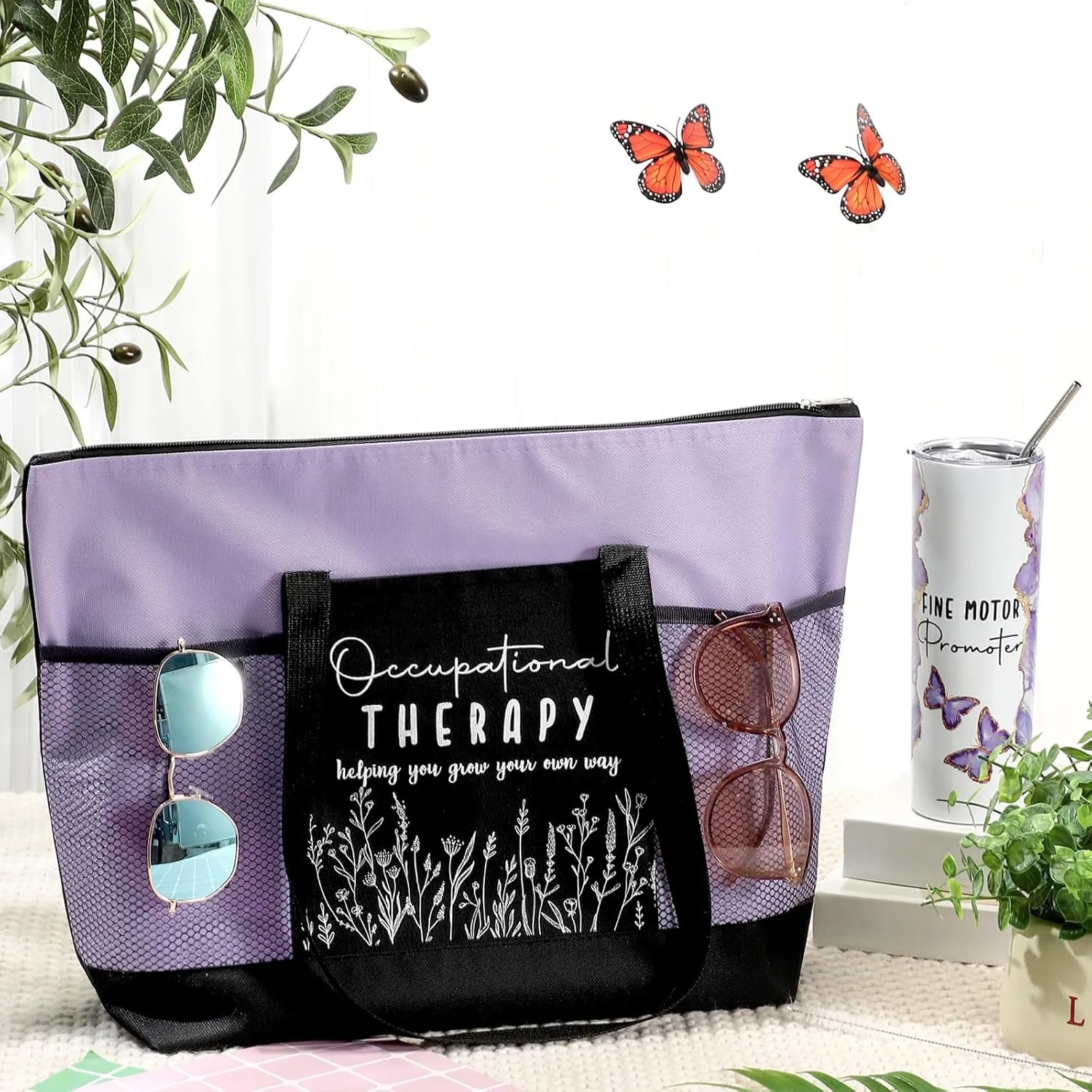 Buryeah 2 Pcs The Occupational Therapy Gift Fine Motor Promoter 20 oz Marble Sign Tumbler with Lid Large Tote Bag with Mesh Pockets OT Month Thank You Gift for Mental Healthy Psychology(Pink)