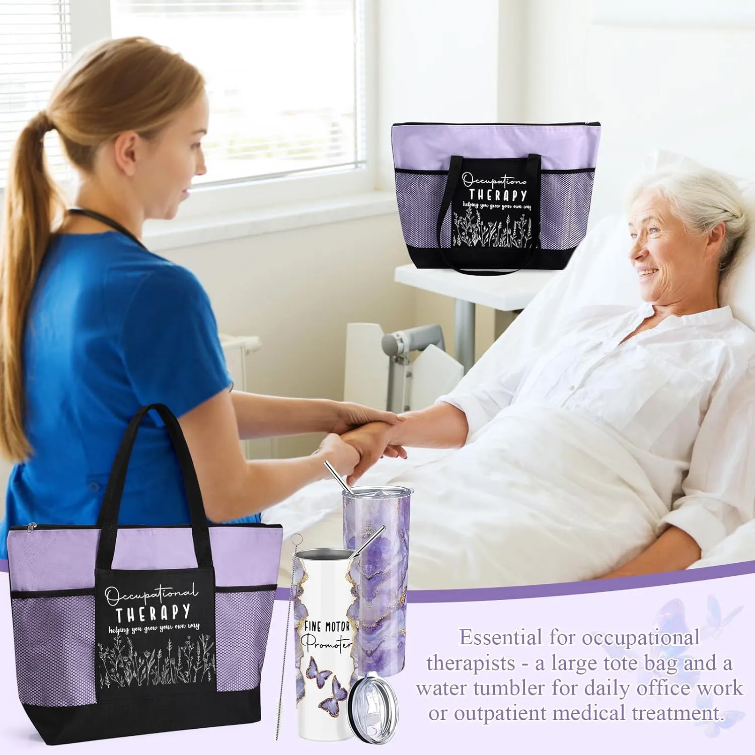 Buryeah 2 Pcs The Occupational Therapy Gift Fine Motor Promoter 20 oz Marble Sign Tumbler with Lid Large Tote Bag with Mesh Pockets OT Month Thank You Gift for Mental Healthy Psychology(Pink)