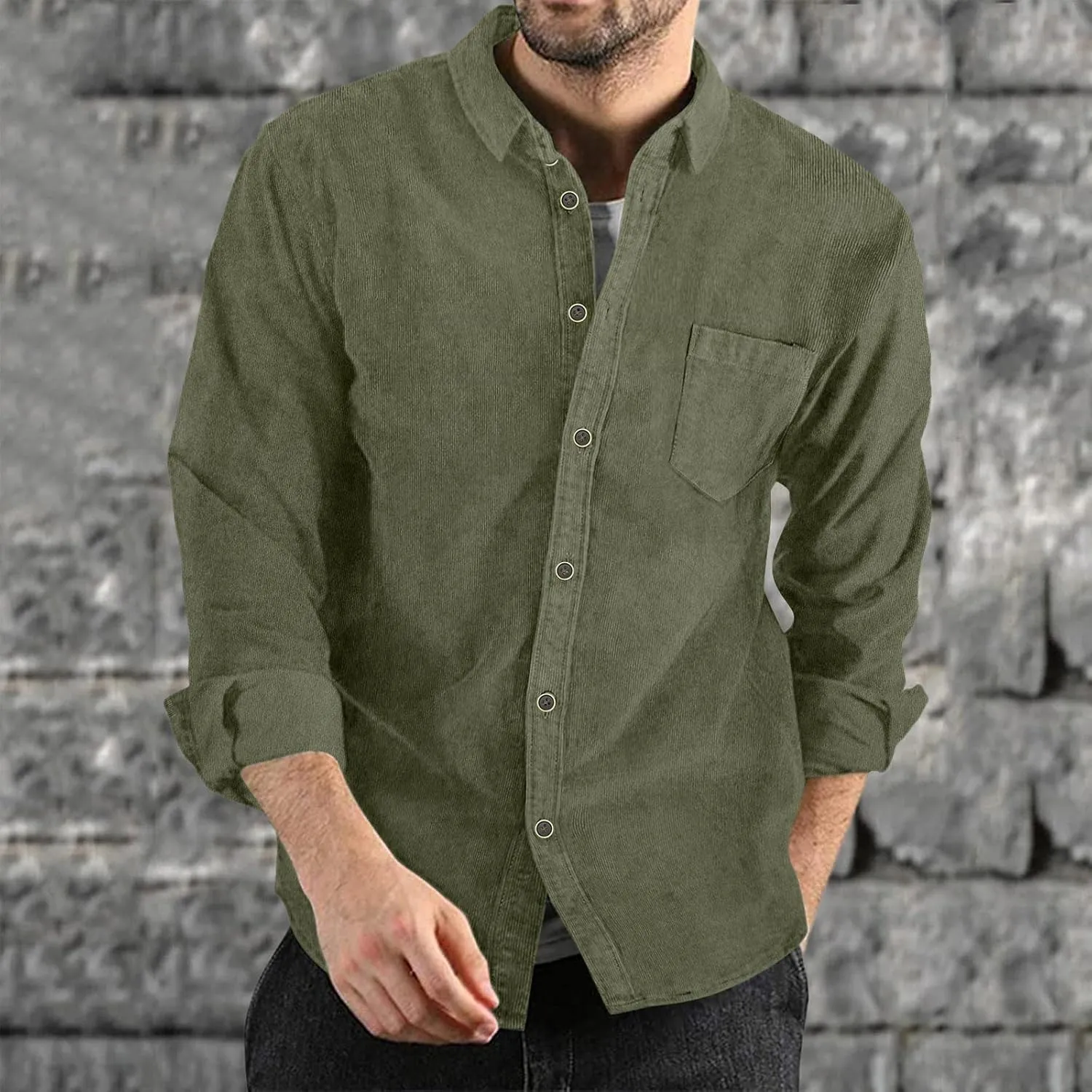 Button Down Shirts for Men Corduroy Casual Long Sleeve Lapel Pocket Tshirts Work Spring Hiking Lightweight Tees