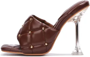 Cape Robbin Cecilla Sexy Quilted Stiletto High Heels for Women, Clear Slip On Heeled Mule Shoes with Balls Decoration