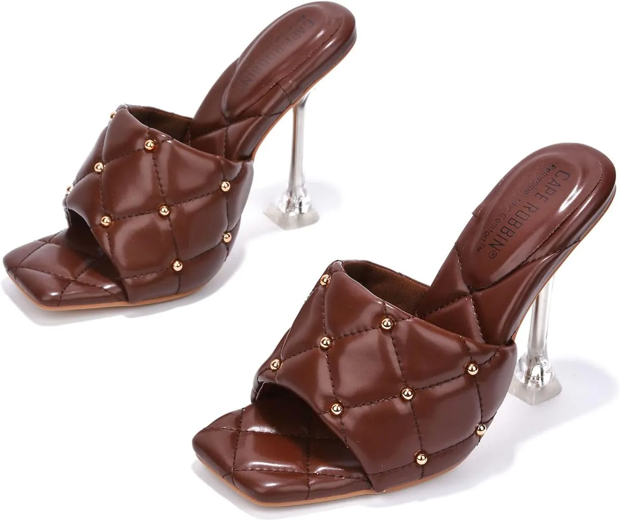 Cape Robbin Cecilla Sexy Quilted Stiletto High Heels for Women, Clear Slip On Heeled Mule Shoes with Balls Decoration