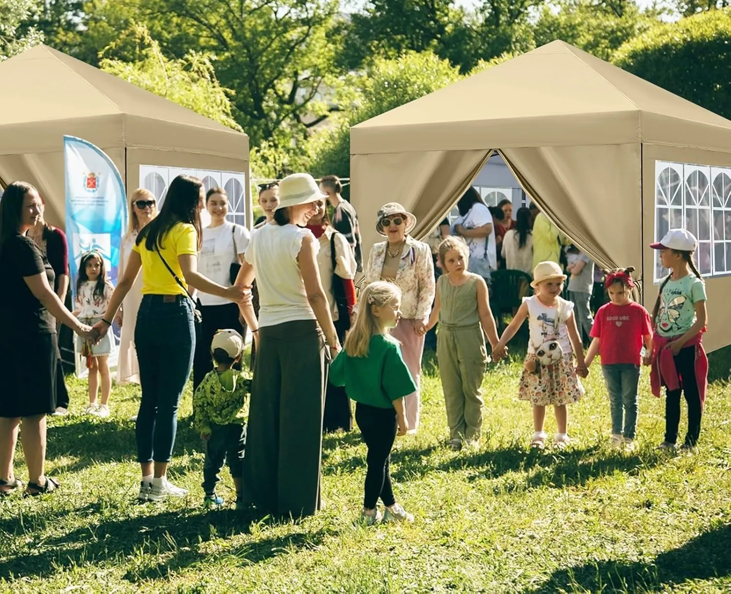 COOSHADE 8x8 Ft Pop up Canopy Tent Enclosed Instant Folding Canopy Shelter with Elegant Church Window Outdoor Pavilion Cater Party Wedding BBQ Events Tent(Beige)