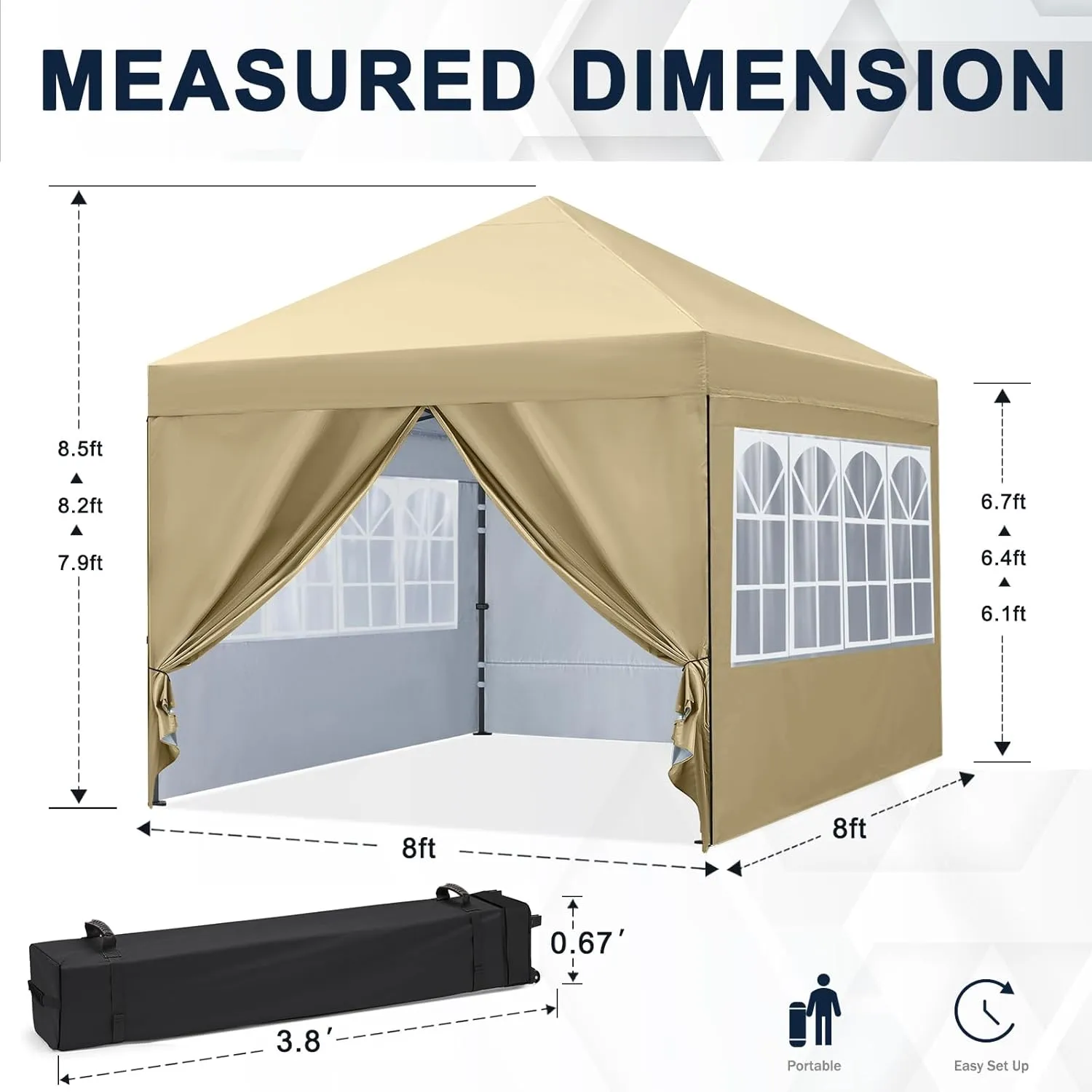 COOSHADE 8x8 Ft Pop up Canopy Tent Enclosed Instant Folding Canopy Shelter with Elegant Church Window Outdoor Pavilion Cater Party Wedding BBQ Events Tent(Beige)