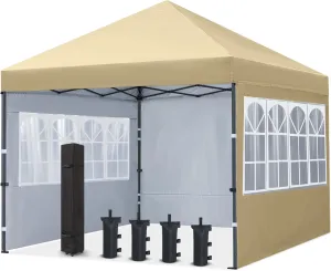 COOSHADE 8x8 Ft Pop up Canopy Tent Enclosed Instant Folding Canopy Shelter with Elegant Church Window Outdoor Pavilion Cater Party Wedding BBQ Events Tent(Beige)