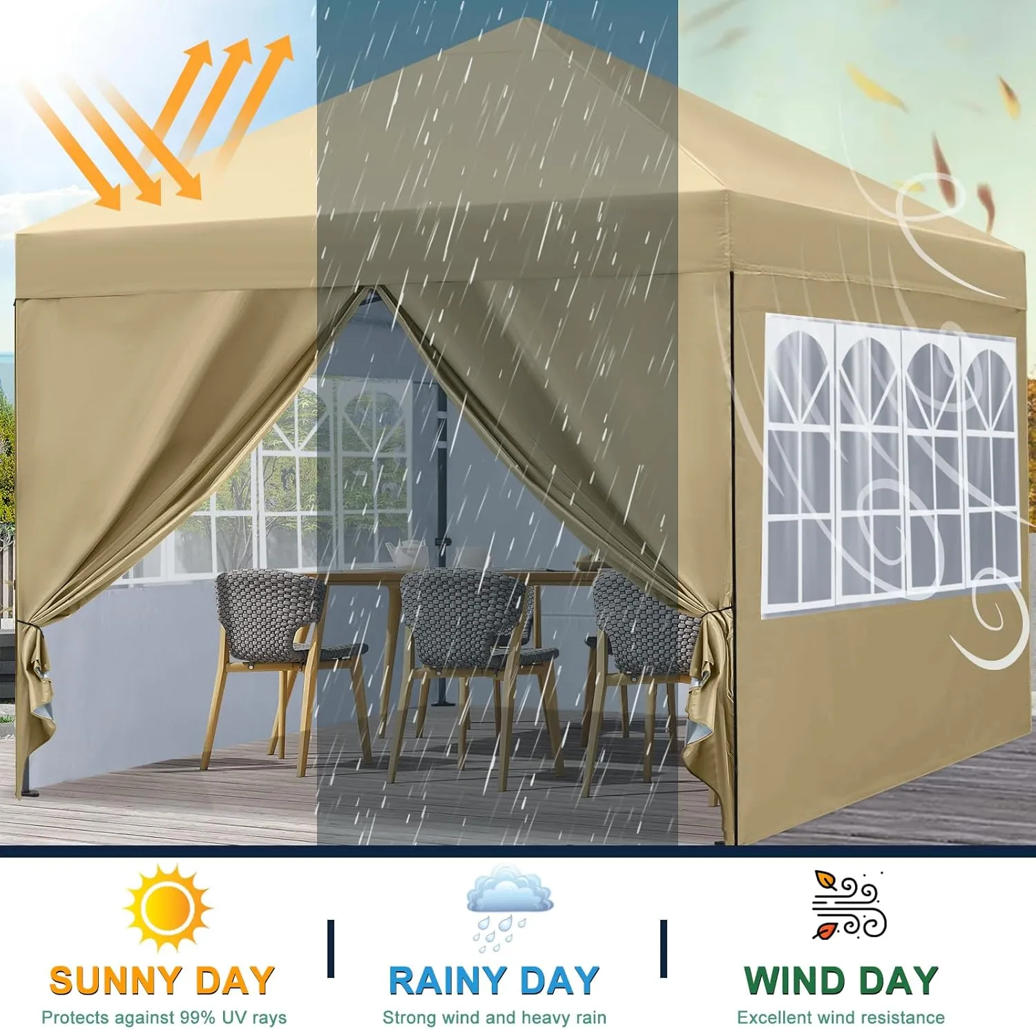 COOSHADE 8x8 Ft Pop up Canopy Tent Enclosed Instant Folding Canopy Shelter with Elegant Church Window Outdoor Pavilion Cater Party Wedding BBQ Events Tent(Beige)