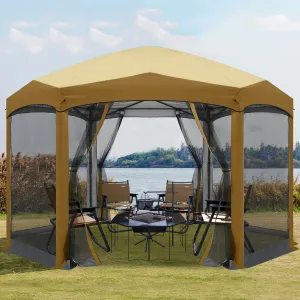 COOSHADE Pop up Canopy, 12X12 Pop up Tent with Mesh Walls, 6 Sides Gazebo, Patented 1 Step Lock Tech, Screened House for Outdoor/Camping/Lawn/Trip/Gathering, Camouflage, Beige W/Brown
