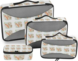 Cute Elegant Easter Bunny Rabbit Holding a Big Carrot with Flowers 4 PCs Set Packing Bags, Luggage Organizer Bag, Portable Cube Toiletry bag, Durable Travel Cosmetic Storage Bag for Men Women