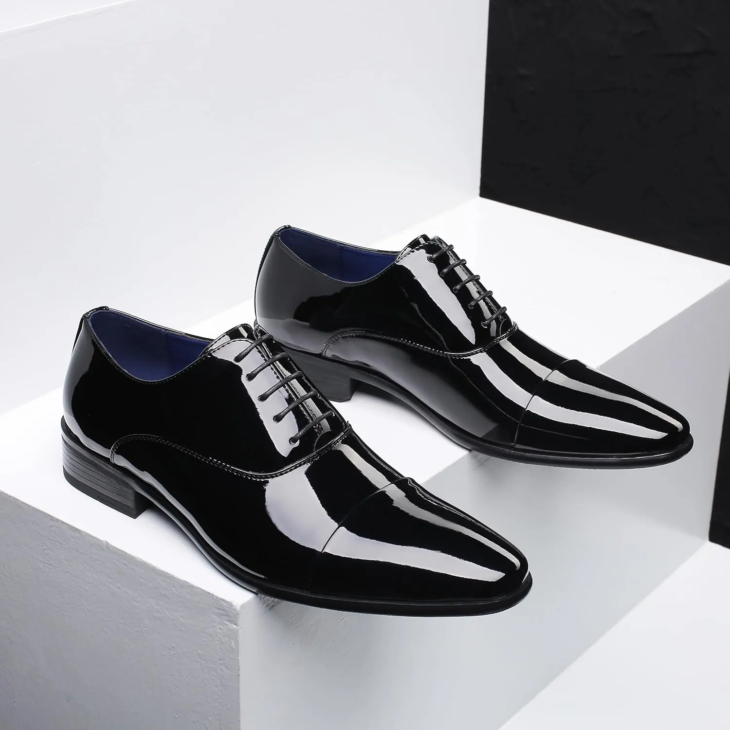 DECARSDZ Mens Faux Patent Leather Classic Lace-up Formal Oxford Tuxedo Dress Shoes