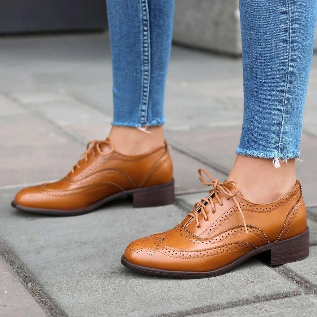 DINTAHA Womens Wingtip Oxford Shoes Chunky Low Heel Oxford Flats Lace Up Brogues Vintage Dress Shoes