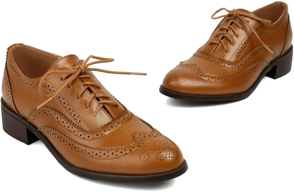 DINTAHA Womens Wingtip Oxford Shoes Chunky Low Heel Oxford Flats Lace Up Brogues Vintage Dress Shoes