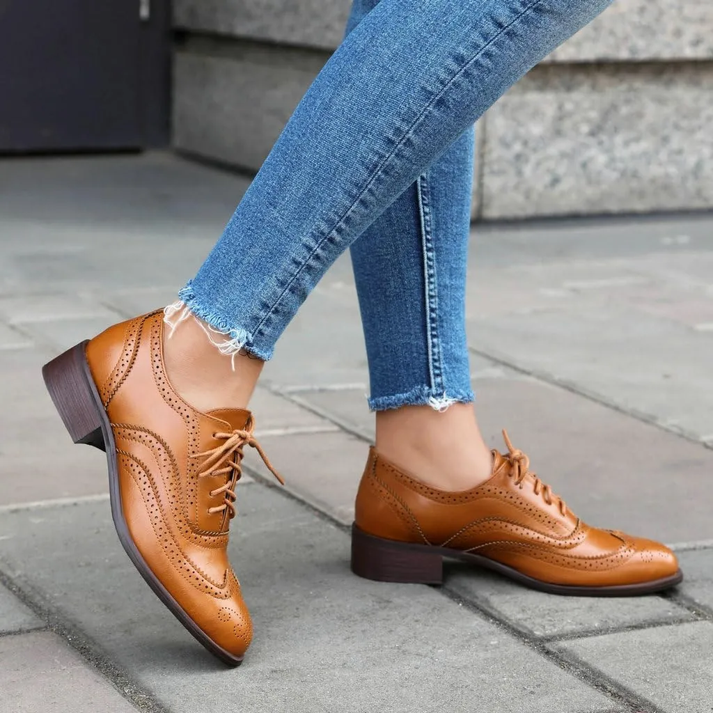 DINTAHA Womens Wingtip Oxford Shoes Chunky Low Heel Oxford Flats Lace Up Brogues Vintage Dress Shoes