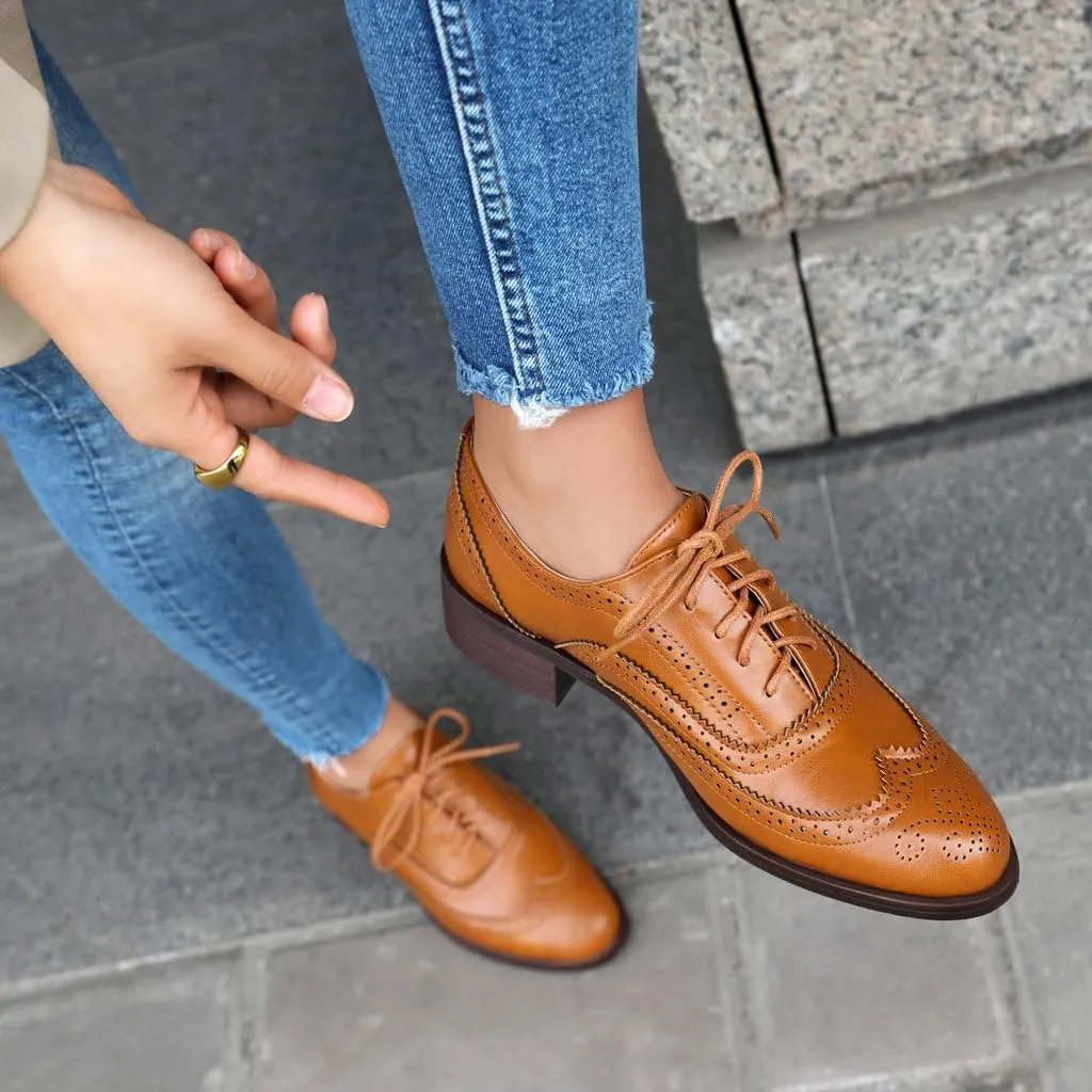 DINTAHA Womens Wingtip Oxford Shoes Chunky Low Heel Oxford Flats Lace Up Brogues Vintage Dress Shoes