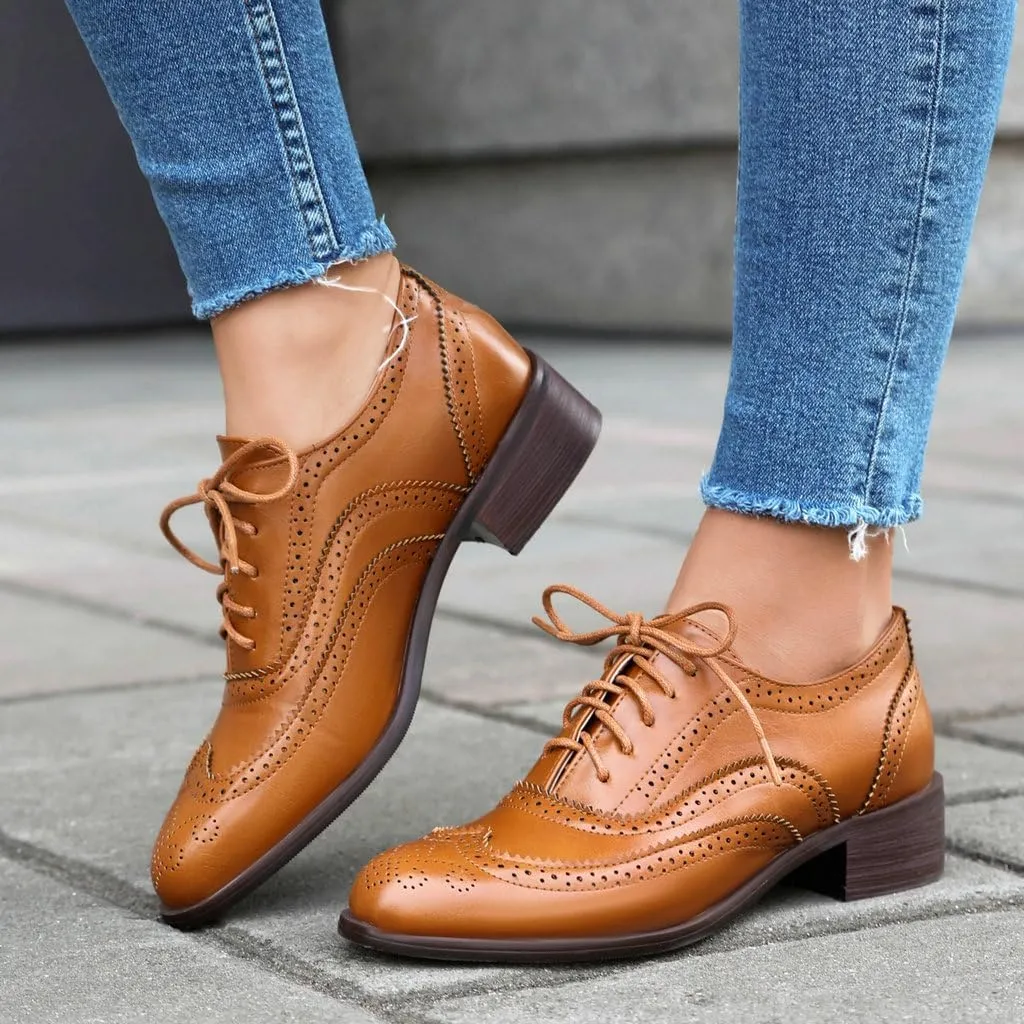 DINTAHA Womens Wingtip Oxford Shoes Chunky Low Heel Oxford Flats Lace Up Brogues Vintage Dress Shoes