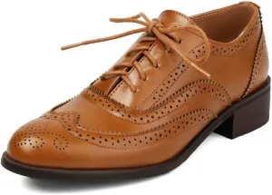 DINTAHA Womens Wingtip Oxford Shoes Chunky Low Heel Oxford Flats Lace Up Brogues Vintage Dress Shoes