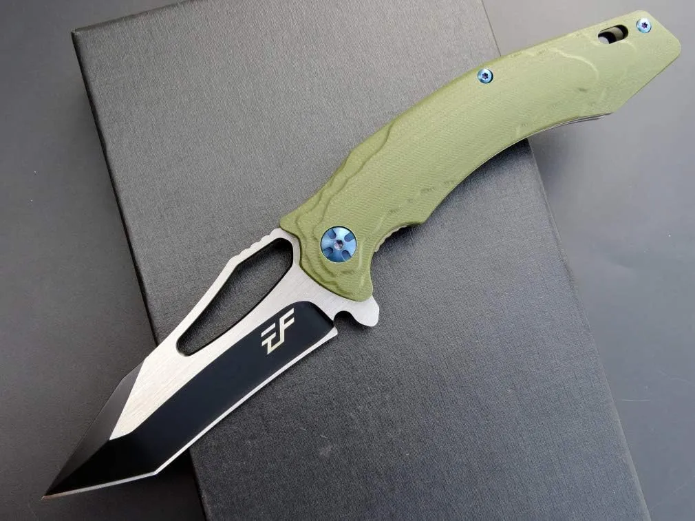 Eafengrow EF915 Folding Knife D2 Steel Blade with Black-Oxide Coating; G10 Handle with Ball Bearing Safe Open Flipper Knife, Locking Liner and Pocketclip for Camping Work (Green)