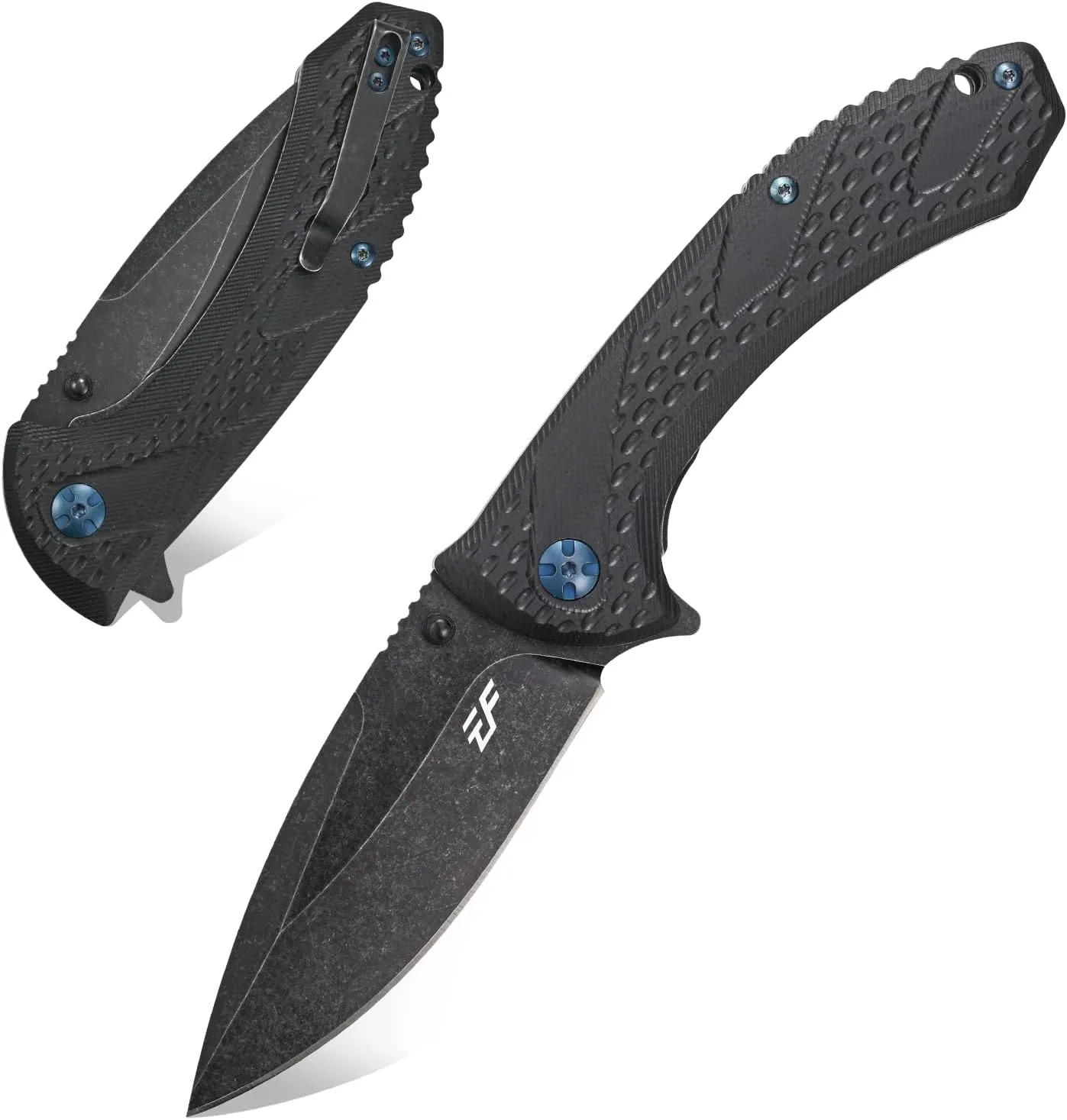 Eafengrow EF927 Pocket Knife D2 Steel Blade with Black-Oxide Coating Outdoor Knife G10 Handle Ball Bearing Safe Open Flipper Knife for Camping Work (Black)