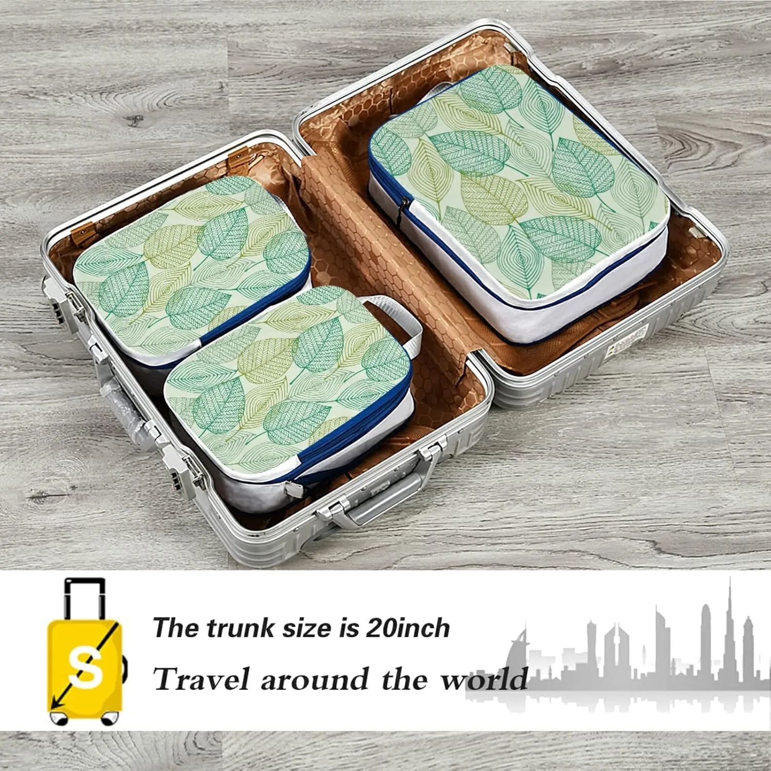 Elegant Texture with Leaves Seamless Spring Pattern 3 Piece set Cubes Expandable Adjustable Luggage Packing Bags, Ultralight Organizer Accessories Travel Suitcase Compressible Bags