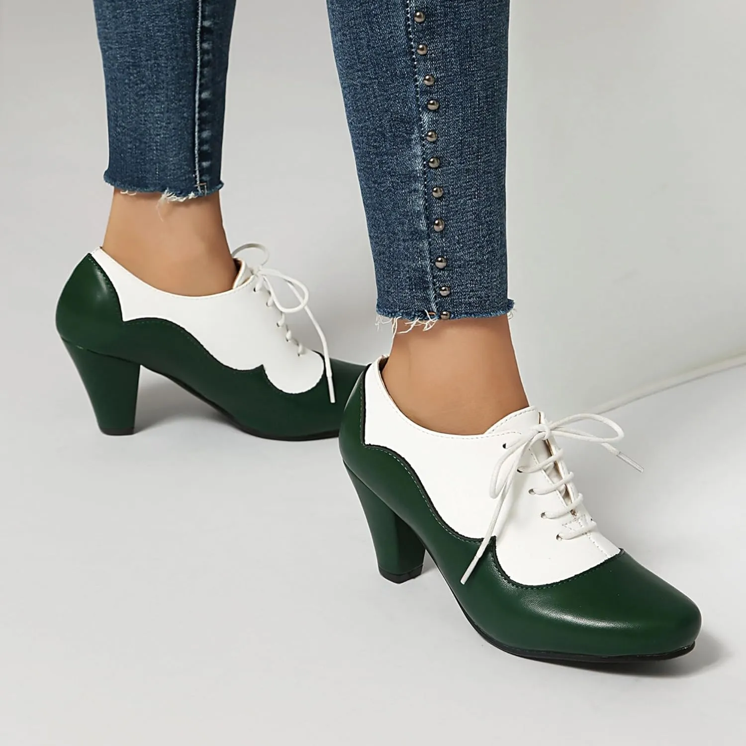 Elerhythm Women's Mary Jane 1920s Pump Heels Oxford Classic and Retro Lace Up Two Tones 1950s Vintage Round Closed Toe 1940s Shoes