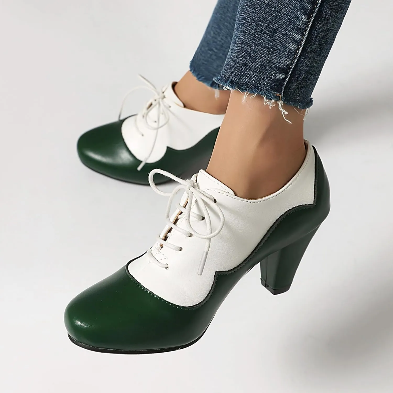 Elerhythm Women's Mary Jane 1920s Pump Heels Oxford Classic and Retro Lace Up Two Tones 1950s Vintage Round Closed Toe 1940s Shoes