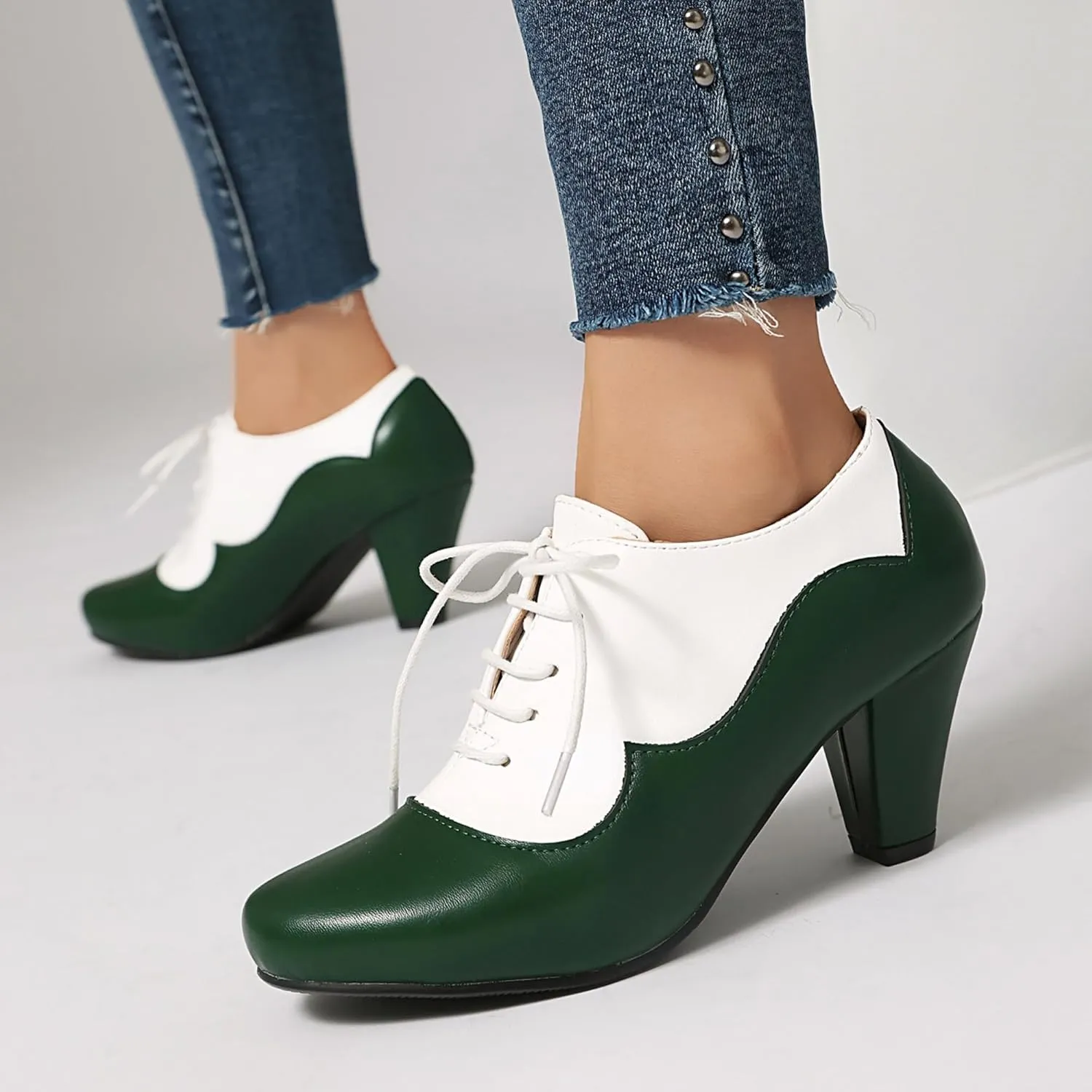Elerhythm Women's Mary Jane 1920s Pump Heels Oxford Classic and Retro Lace Up Two Tones 1950s Vintage Round Closed Toe 1940s Shoes