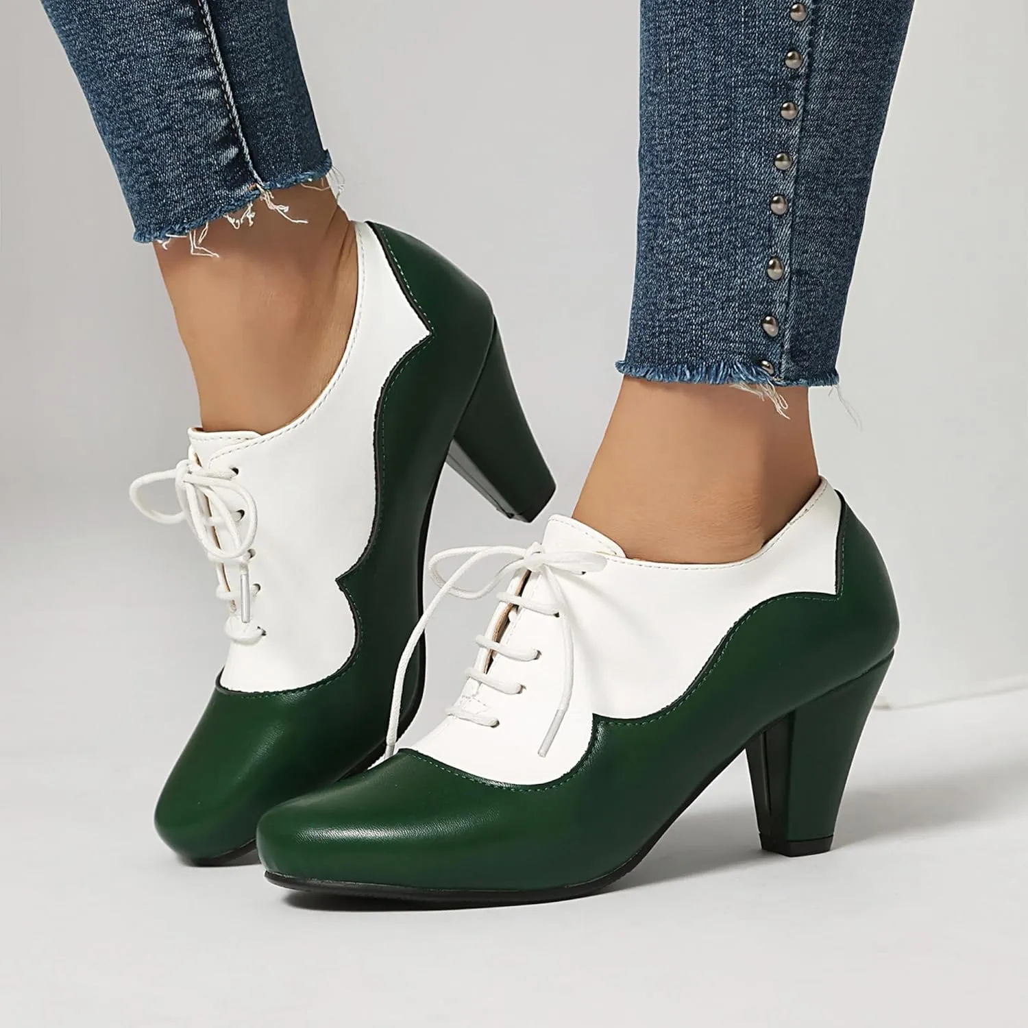 Elerhythm Women's Mary Jane 1920s Pump Heels Oxford Classic and Retro Lace Up Two Tones 1950s Vintage Round Closed Toe 1940s Shoes
