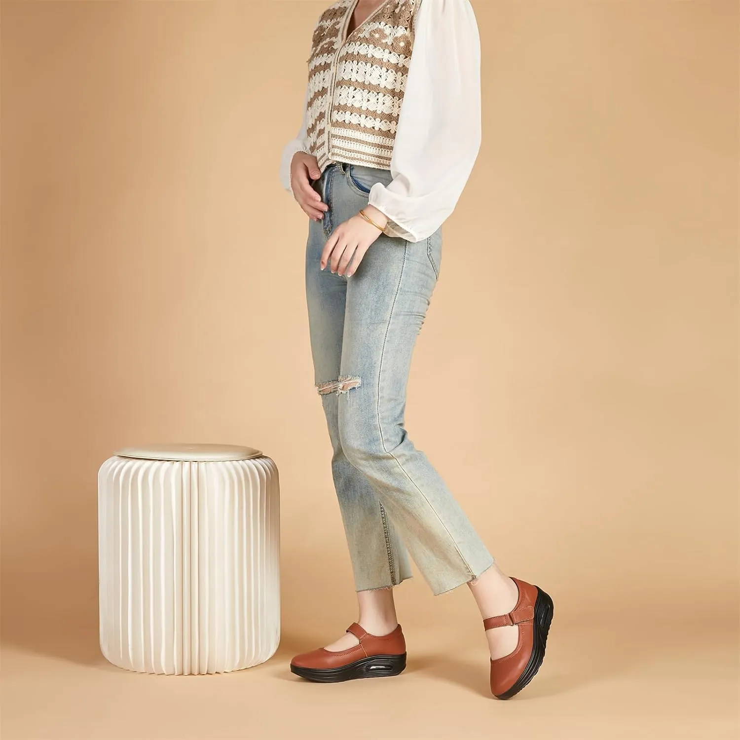 EnllerviiD Women Mary Jane Shoes Buckle Air-Cushion Casual Chunky Heel Round Toe Uniform Dress Platform Wedge Shoes Comfort Pumps Walking Shoes