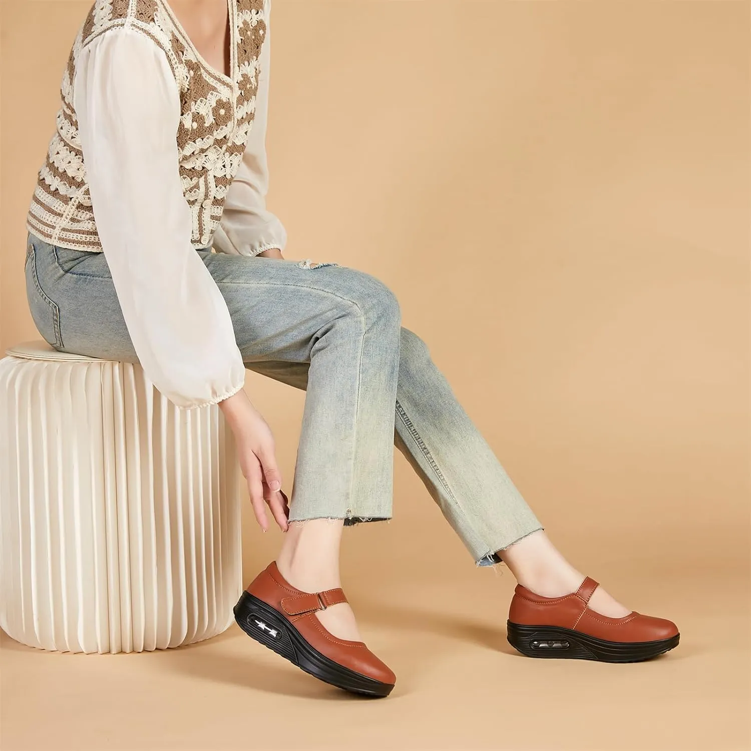 EnllerviiD Women Mary Jane Shoes Buckle Air-Cushion Casual Chunky Heel Round Toe Uniform Dress Platform Wedge Shoes Comfort Pumps Walking Shoes