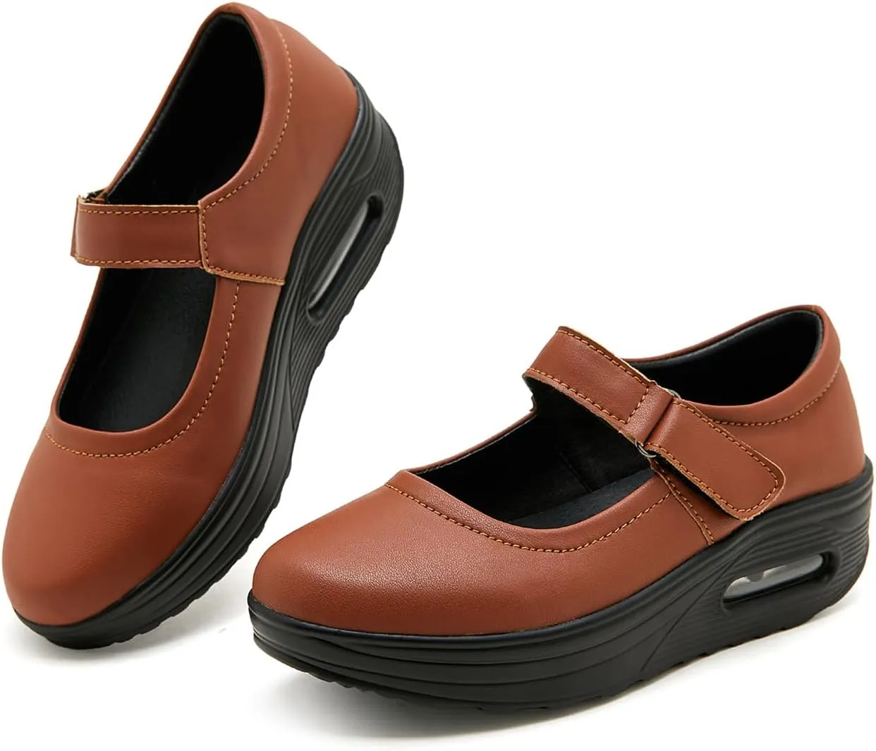 EnllerviiD Women Mary Jane Shoes Buckle Air-Cushion Casual Chunky Heel Round Toe Uniform Dress Platform Wedge Shoes Comfort Pumps Walking Shoes