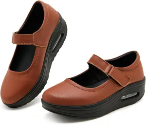 EnllerviiD Women Mary Jane Shoes Buckle Air-Cushion Casual Chunky Heel Round Toe Uniform Dress Platform Wedge Shoes Comfort Pumps Walking Shoes