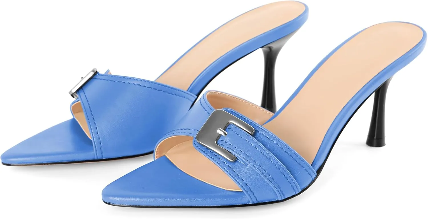Esvowido Womens Mule Heels Pointed Open Toe Heeled Sandals 2.95 Inch Stiletto Mules with Buckle Work Party Wedding Summer Shoes