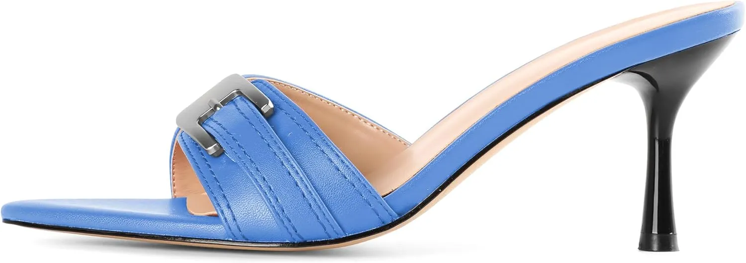 Esvowido Womens Mule Heels Pointed Open Toe Heeled Sandals 2.95 Inch Stiletto Mules with Buckle Work Party Wedding Summer Shoes