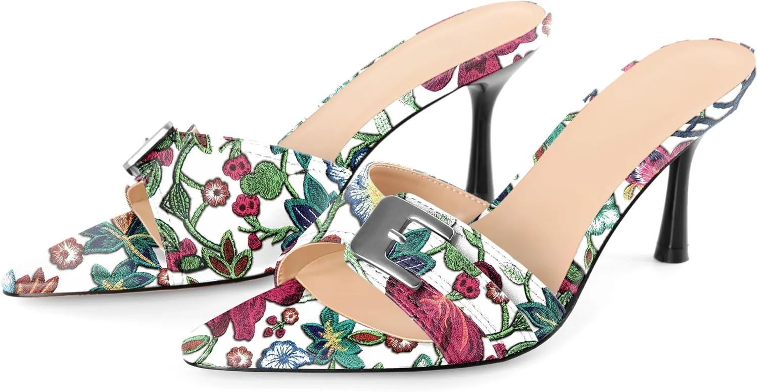 Esvowido Womens Mule Heels Pointed Open Toe Heeled Sandals 2.95 Inch Stiletto Mules with Buckle Work Party Wedding Summer Shoes