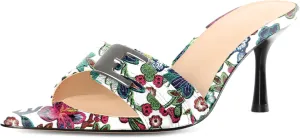 Esvowido Womens Mule Heels Pointed Open Toe Heeled Sandals 2.95 Inch Stiletto Mules with Buckle Work Party Wedding Summer Shoes